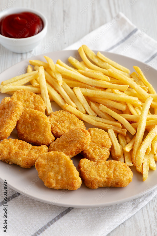 Fried Chicken Nuggets with French Fries on a Plate, side view.