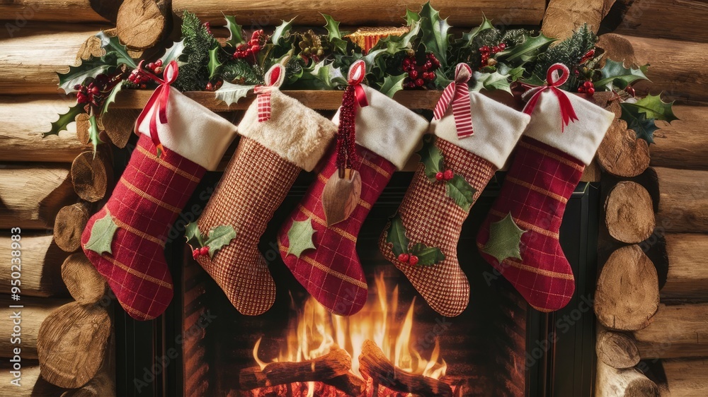 Fototapeta premium Christmas stockings hanging by a fireplace on a natural wood background