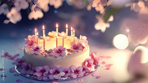 happy birthday, beautiful cake with candles surrounded by flowers, photo realistic picture, high resolution,