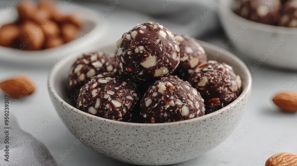 A close-up of a bowl filled to the brim with homemade chocolate almond energy bites, beautifully displayed and surrounded by whole almonds for a healthy snacking option. A close-up of a bowl filled to the brim with homemade chocolate almond energy bites, beautifully displayed and surrounded by whole almonds for a healthy snacking option.