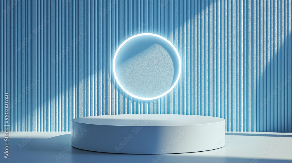 Blue display podium mockup with neon circle on geometric background. Cylinder podium for product presentation and promotion. Advertising concept background. Blue display podium mockup with neon circle on geometric background. Cylinder podium for product presentation and promotion. Advertising concept background.