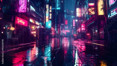 A neon-lit street in a futuristic city with rain-soaked surfaces reflecting the glow