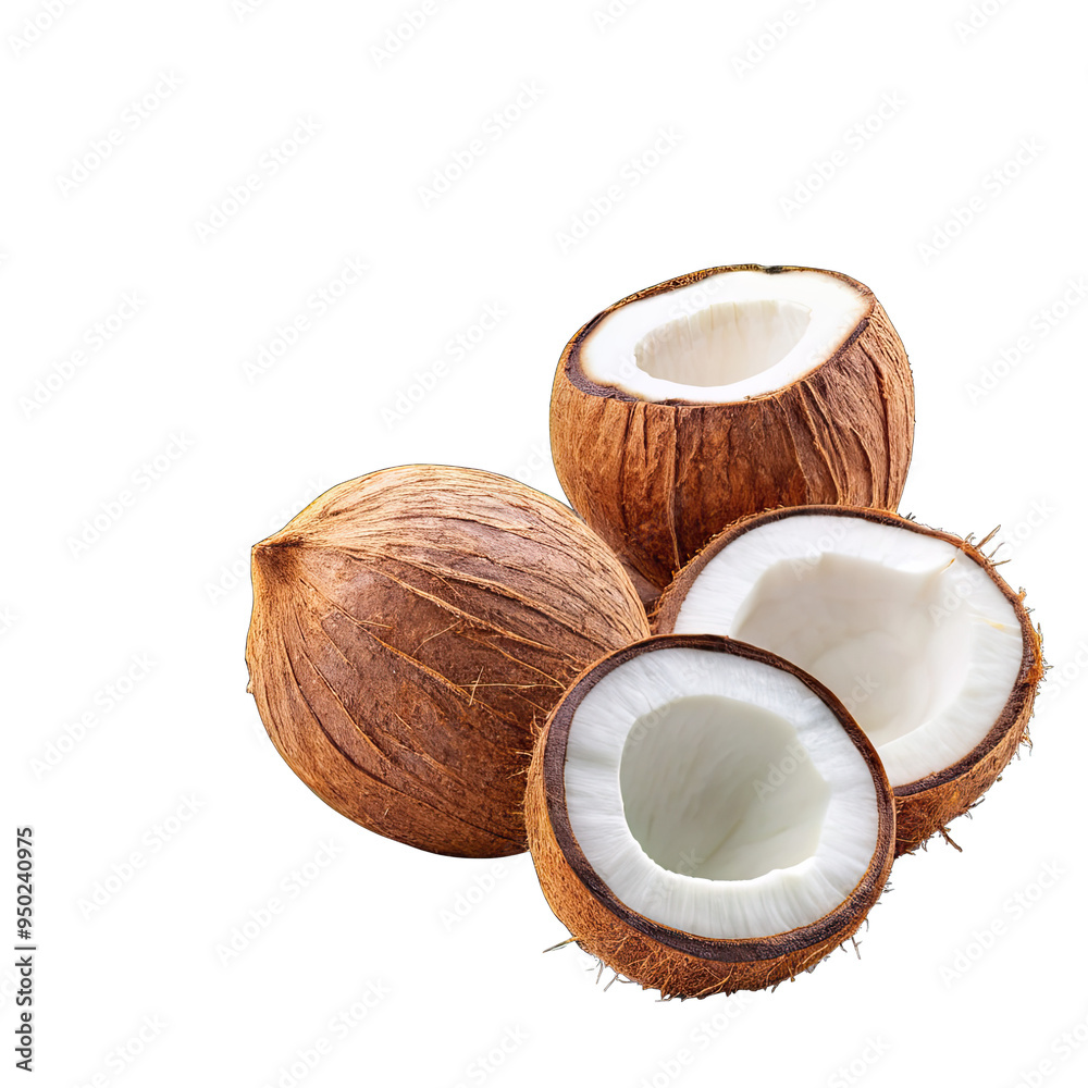 A group of coconuts, some whole and some halved, are arranged on a white background. The coconuts have a brown outer shell and a white, creamy interior A group of coconuts, some whole and some halved, are arranged on a white background. The coconuts have a brown outer shell and a white, creamy interior