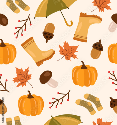 Pattern of autumn things on a light pink background.