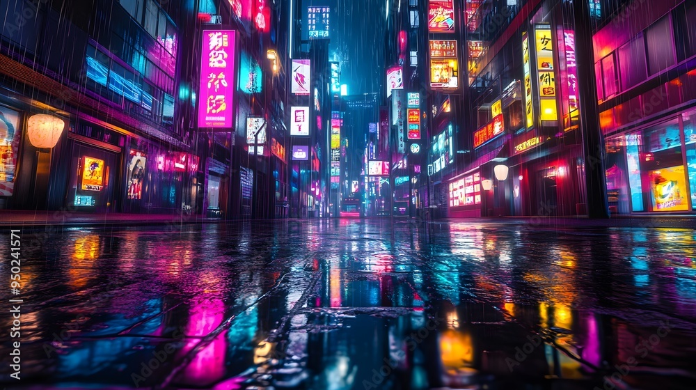 A futuristic urban landscape with glowing neon signs and wet streets reflecting the lights A futuristic urban landscape with glowing neon signs and wet streets reflecting the lights