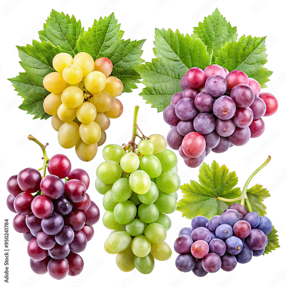 Fototapeta premium Five clusters of grapes, each in a different pose, with green leaves, are shown against a white background