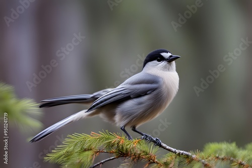 Canada jay bird blurry nature background, Ai Generated photo