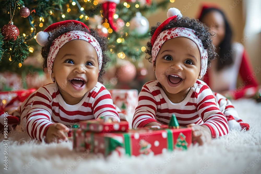 Happy twins in festive attire with Christmas gifts Happy twins in festive attire with Christmas gifts