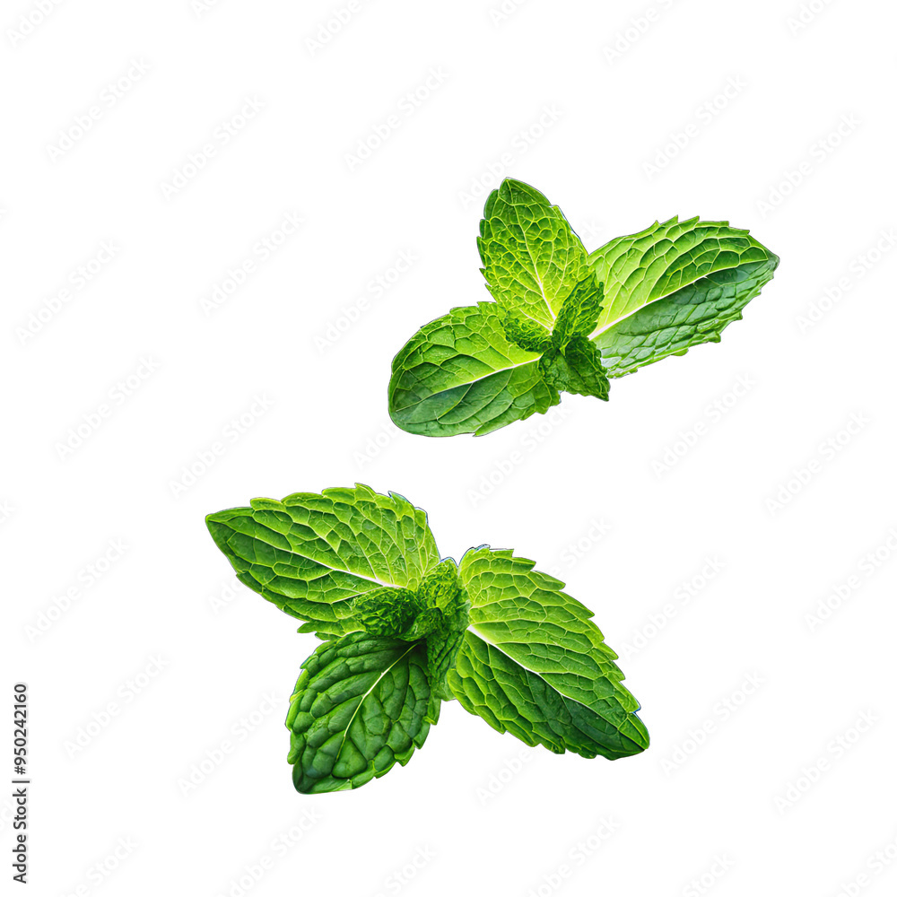 A close-up image of two fresh green mint sprigs, isolated against a white background A close-up image of two fresh green mint sprigs, isolated against a white background