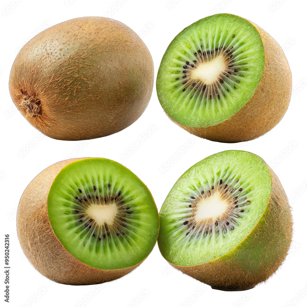 Fototapeta premium Image of four kiwi fruits on black background: two whole at top, two halved at bottom in grid pattern. Fruits in different poses for dynamic look