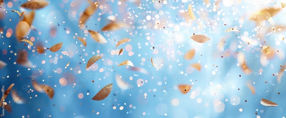 Abstract Festive Background with Gold Confetti Falling on Blue