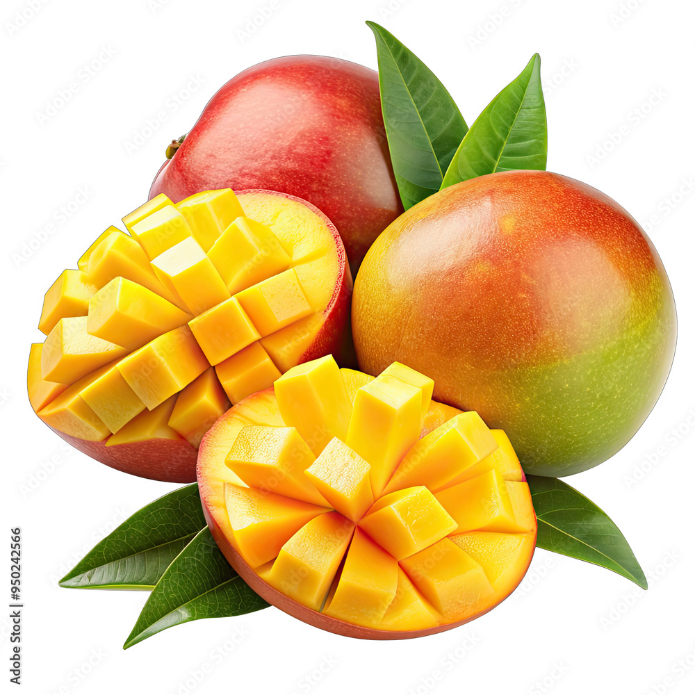 A close-up view of three ripe mangoes with green leaves. One mango is whole, while the other two are cut in half, revealing the bright yellow flesh diced into squares A close-up view of three ripe mangoes with green leaves. One mango is whole, while the other two are cut in half, revealing the bright yellow flesh diced into squares