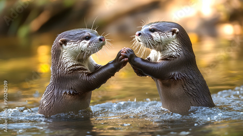 Otaries rieurs se tiennent la main dans la rivière photo