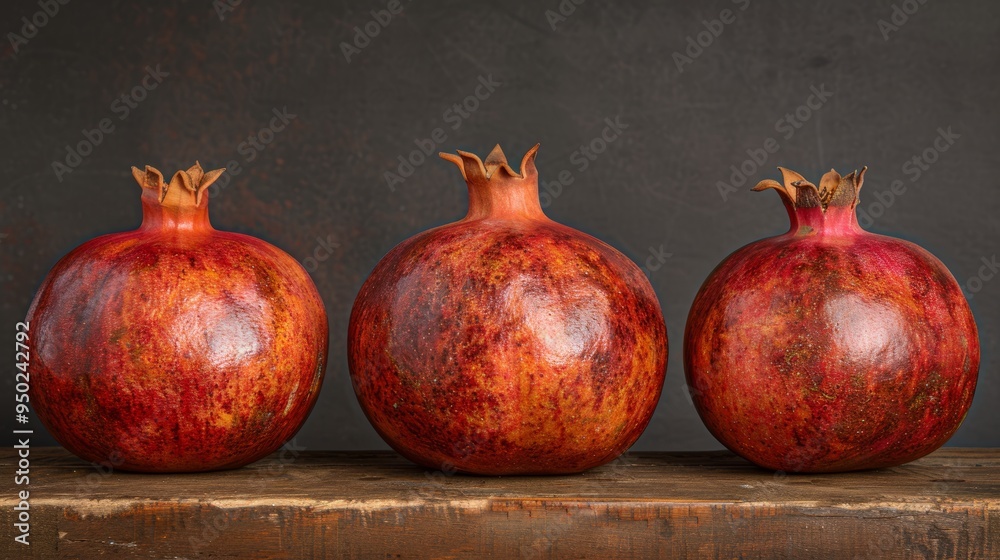 Three ripe pomegranates with seeds on rustic wood a symbol of harvest and healthy eating Three ripe pomegranates with seeds on rustic wood a symbol of harvest and healthy eating