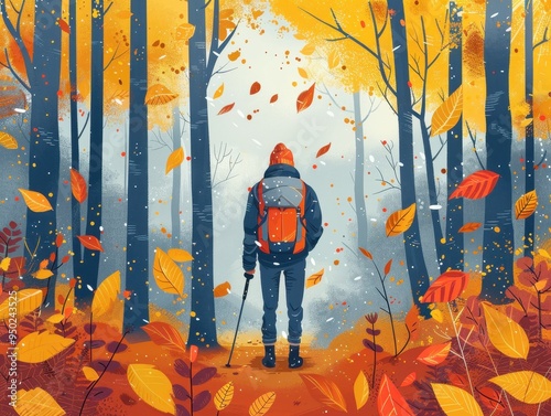 Wallpaper Mural Hiking through forest with autumn leaves, tranquil nature, flat design illustration. Torontodigital.ca