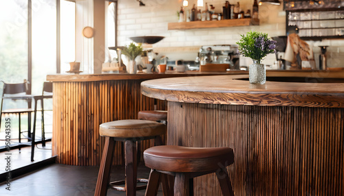 Bohemian coffee shop featuring vintage lighting and potted plants, ideal for a relaxing getaway Cozy, wood-paneled bar with curved counter  photo