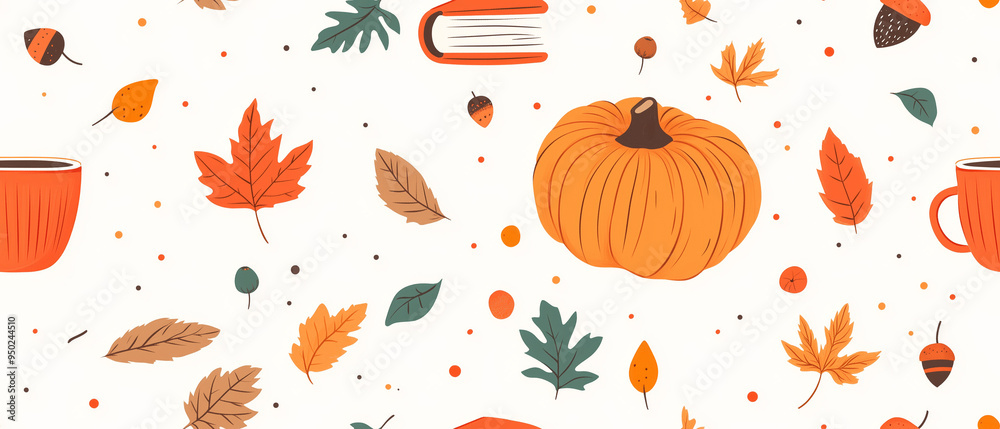 Halloween seamless pattern with traditional pumpkins, leaves, and book on a light yellow background Halloween seamless pattern with traditional pumpkins, leaves, and book on a light yellow background