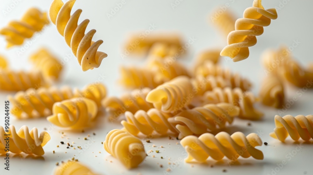 Graceful close up of raw italian pasta cascading against a clean white background Graceful close up of raw italian pasta cascading against a clean white background