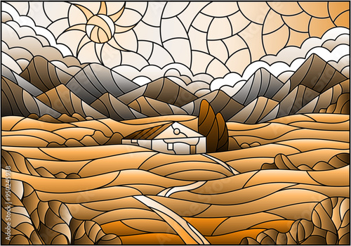 Illustration in a stained glass style with a summer landscape, a lonely house against the background of fields, mountains and a Sunny sky, tone brown
