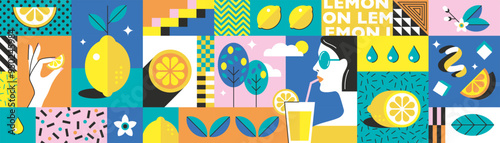 Abstract geometric summer background. Organic cafe. Citrus flavor.Modern vector illustration with girl drinking fresh juice, lemons, fruit slices, leaves.Memphis style design.Set of flat simple icons.