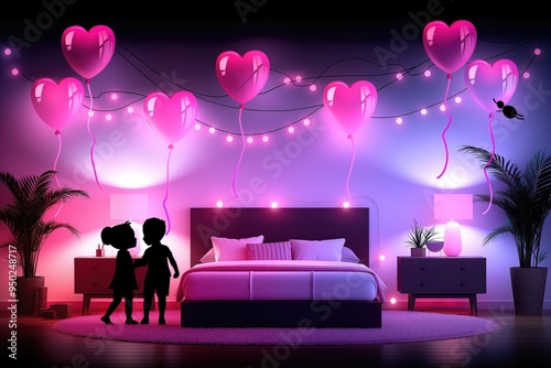 Romantic Valentine's Bedroom with Heart Balloons and Purple Lighting