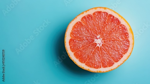 A single vibrant grapefruit half lying on a blue background, showcasing the succulent red flesh and the ridged yellow rind, representing a healthy and refreshing snack option. photo