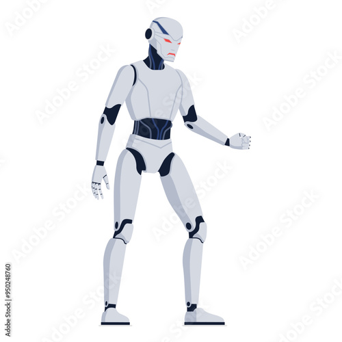 Angry threatening AI robot showing a fist