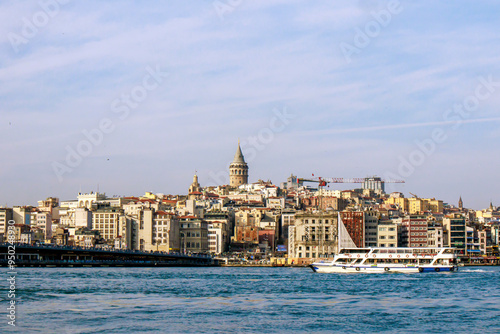 view of historical golden horn (halic) bridge and shorescape of constantinople, istanbul