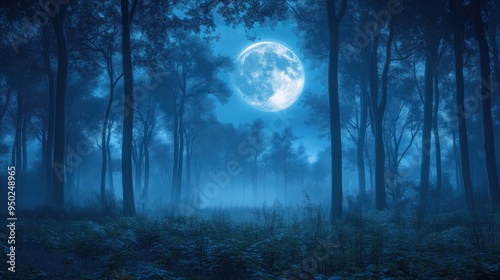 full moon in dark woods at night, dark fantasy halloween background, generative ai