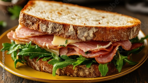 An artistic photograph of a classic ham sandwich with cheese and arugula, placed on a rustic bread. The sandwich is arranged neatly on a mustard yellow plate. photo