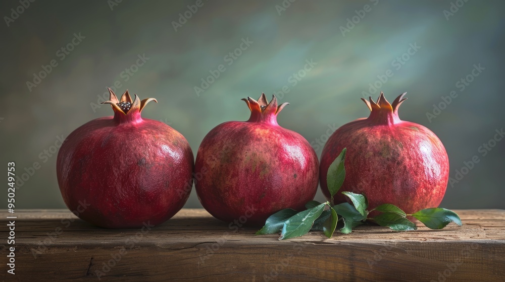 Three ripe pomegranates and their seeds on rustic wood, symbolizing harvest and healthy eating Three ripe pomegranates and their seeds on rustic wood, symbolizing harvest and healthy eating