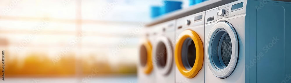 Modern laundromat with colorful washing machines, offering a clean and bright setting for doing laundry. Great for urban lifestyle themes. Modern laundromat with colorful washing machines, offering a clean and bright setting for doing laundry. Great for urban lifestyle themes.