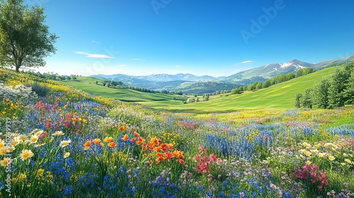 Lush spring garden landscape with blooming flowers, gentle rolling hills under clear blue sky, spring flower garden, picturesque landscape