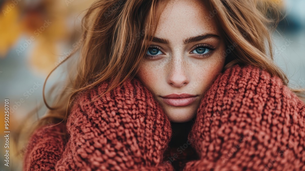 A woman with freckles and intense blue eyes, bundled in a rust-colored sweater, poses outdoors, capturing an intense and captivating moment in autumn. A woman with freckles and intense blue eyes, bundled in a rust-colored sweater, poses outdoors, capturing an intense and captivating moment in autumn.