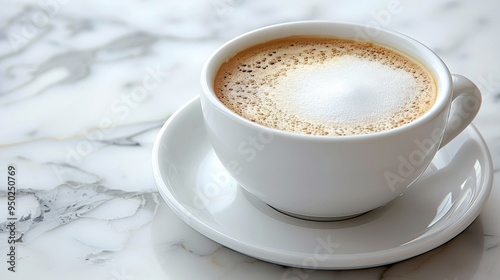 Cappuccino in a white mug on a marble countertop, smooth foam and simple presentation create an elegant minimalist feel, perfect for beauty simplicity in coffee culture.