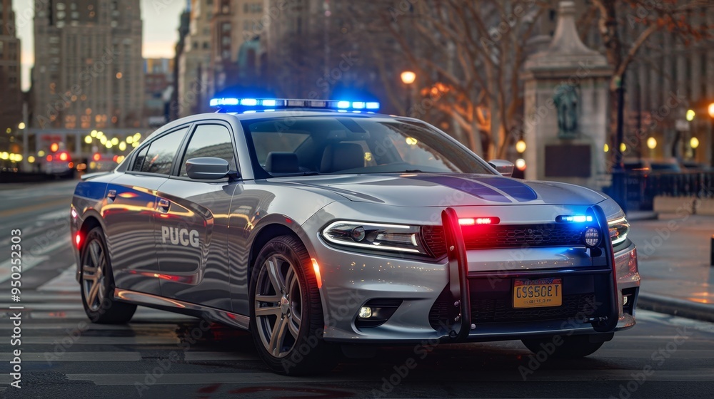 Police car with flashing blue and red emergency lights against a vibrant city skyline at night Police car with flashing blue and red emergency lights against a vibrant city skyline at night