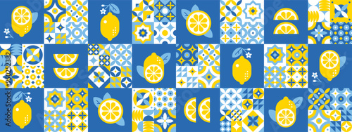 Lemons, slices and leaves on blue Mediterranean tiles.Modern abstract geometric background.Traditional Portuguese, Spanish ornaments and motifs. Vector illustration.Simple icons in flat style.