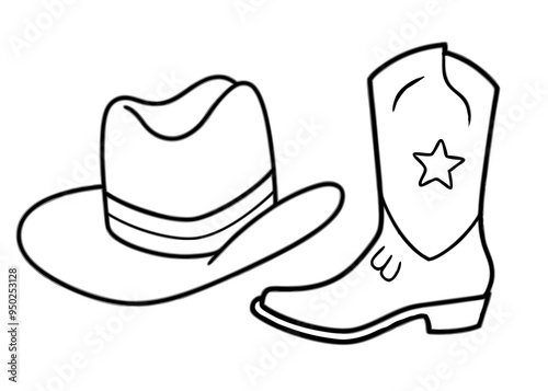 
Cowboy boots and western hat. Cowgirl hat and boots line art vector

