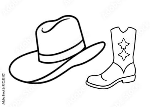 
Cowboy boots and western hat. Cowgirl hat and boots line art vector
