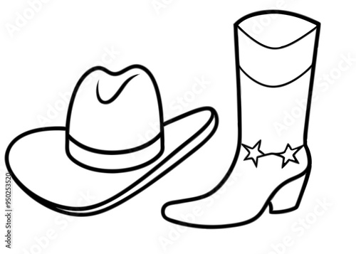 
Cowboy boots and western hat. Cowgirl hat and boots line art vector
