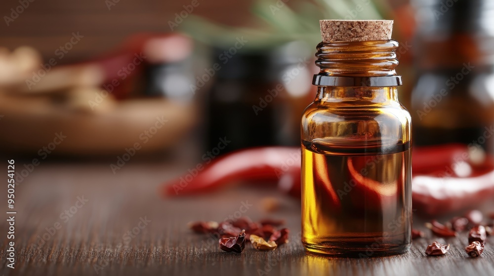 A close-up photograph showcasing a bottle of chili oil, corked and infused with red chili peppers, emphasizing the rich, spicy, and aromatic qualities perfect for cooking.