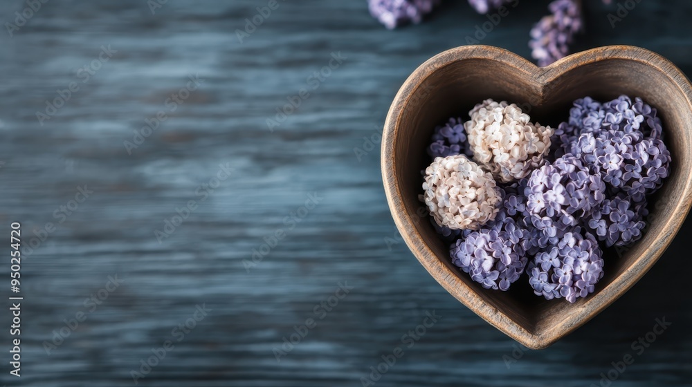 A single heart shaped bowl filled with mixed lavender flowers, delicately placed on a textured blue wooden surface, capturing the essence of serenity and elegance. A single heart shaped bowl filled with mixed lavender flowers, delicately placed on a textured blue wooden surface, capturing the essence of serenity and elegance.