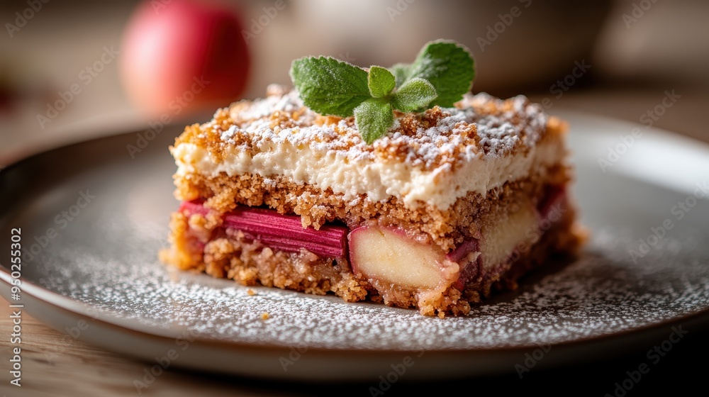 A gourmet rhubarb and apple dessert piece sprinkled with powdered sugar, topped with mint leaves. The perfect balance of sweet and tart flavors, presented elegantly. A gourmet rhubarb and apple dessert piece sprinkled with powdered sugar, topped with mint leaves. The perfect balance of sweet and tart flavors, presented elegantly.