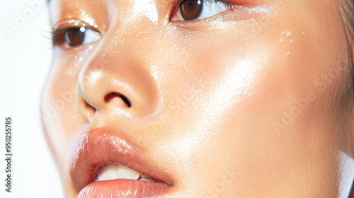 Close Up Beauty Portrait of Young Woman with Glowing Skin and Glitter Makeup Looking Upward Toward Light