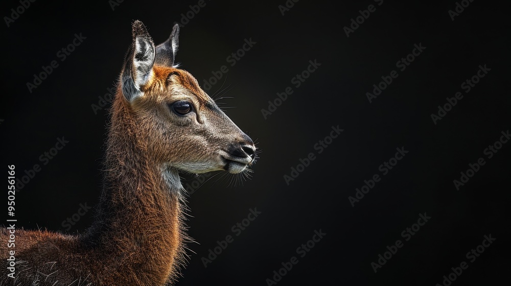A serene close-up of a deer against a dark background, highlighting its elegant profile and natural grace in the wild.