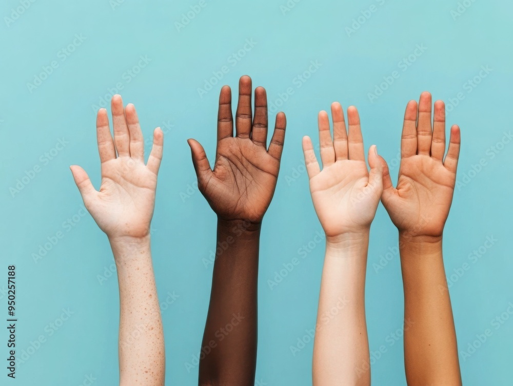 Hands of different skin tones reaching towards the sky, symbolizing unity and diversity in a woke society, inclusive and uplifting, Hands of different skin tones reaching towards the sky, symbolizing unity and diversity in a woke society, inclusive and uplifting,