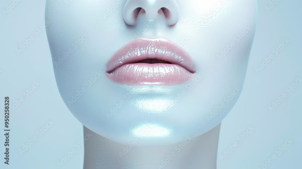 Close-up of Woman's Face with Shimmering Makeup and Glossy Lips in Fashion Beauty Shoot with Cool Tones and Copy Space