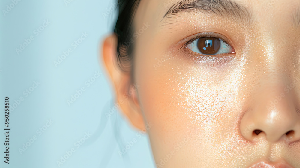 Close Up Of A Young Asian Woman With Brown Eyes And A White Cosmetic Mask On Her Face Against A Light Blue Background Close Up Of A Young Asian Woman With Brown Eyes And A White Cosmetic Mask On Her Face Against A Light Blue Background