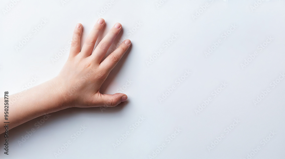Child's Hand Raised On White Background With Copy Space For Text Or Design Element Child's Hand Raised On White Background With Copy Space For Text Or Design Element