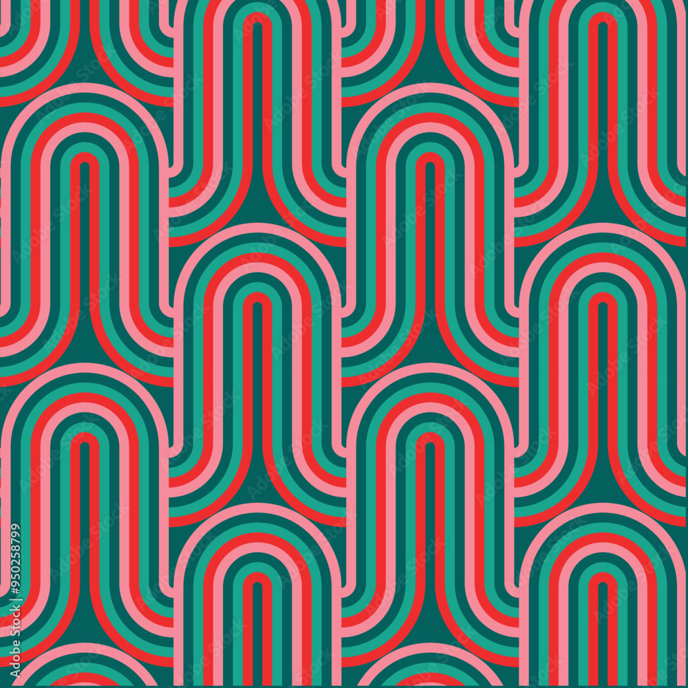 Christmas Retro Pattern in Green, Pink, Red and Beige, xmas vector pattern design, 60s and 70s retro aesthetic style